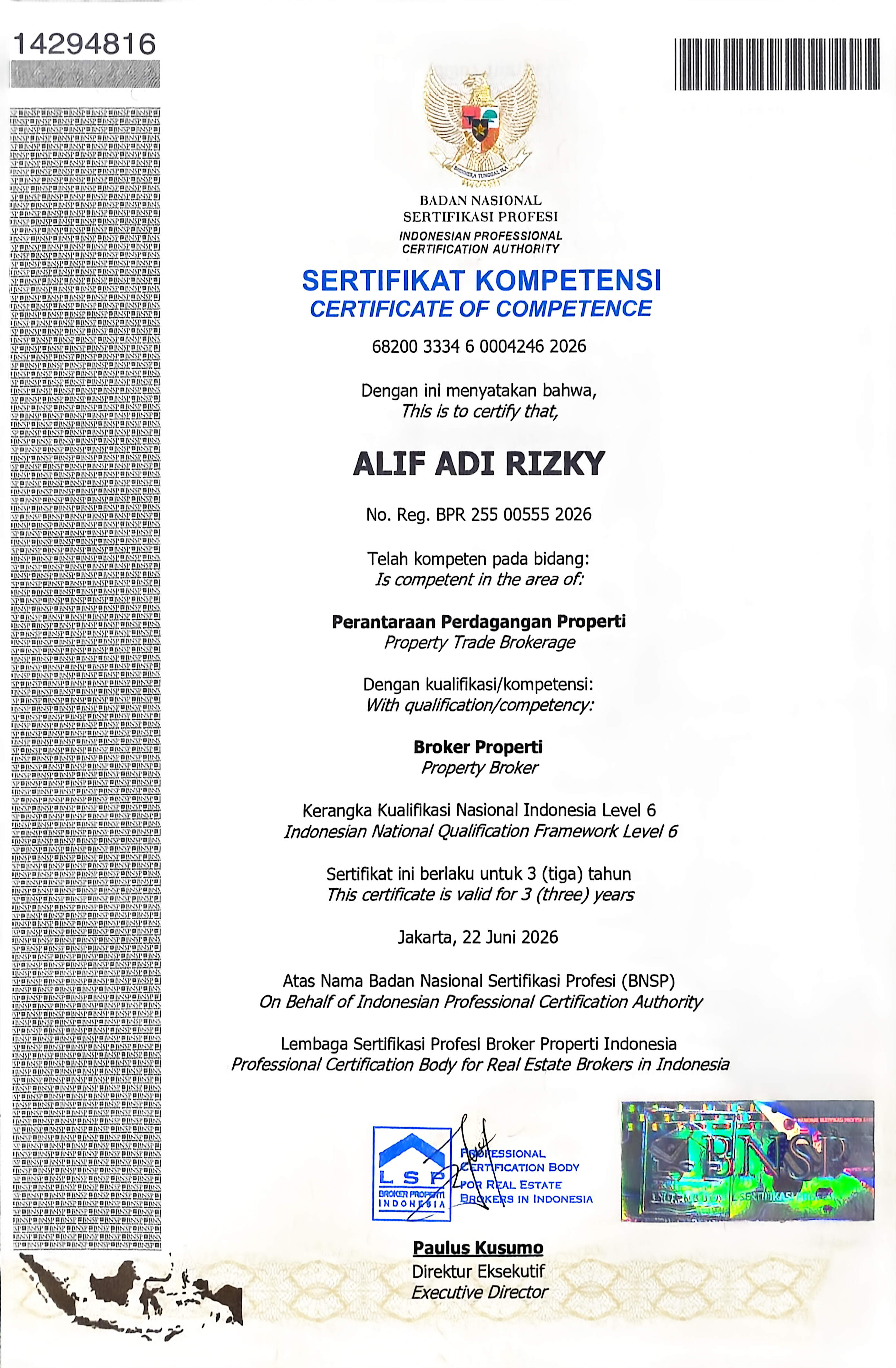 Sertifikat Kompetensi Broker Properti – Alif Adi Rizky