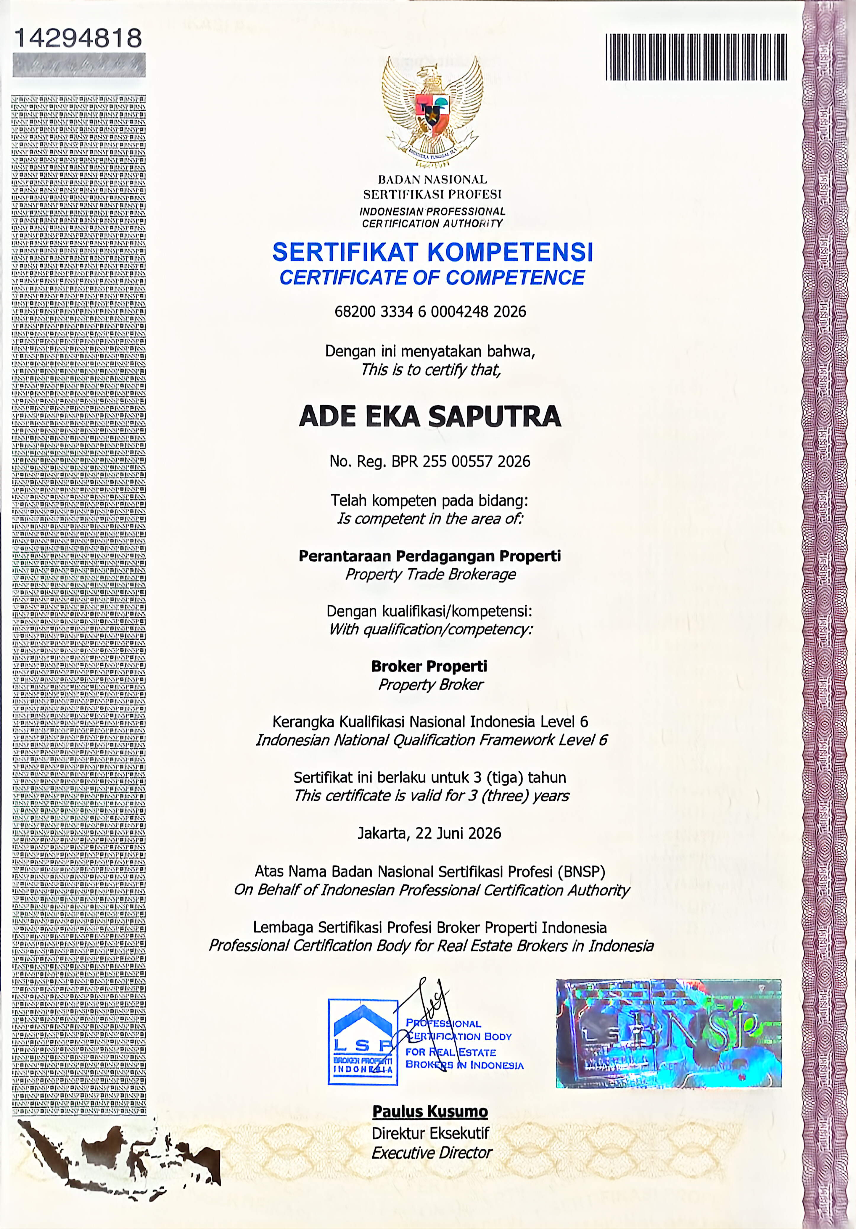 Sertifikat Kompetensi Broker Properti – Ade Eka Saputra