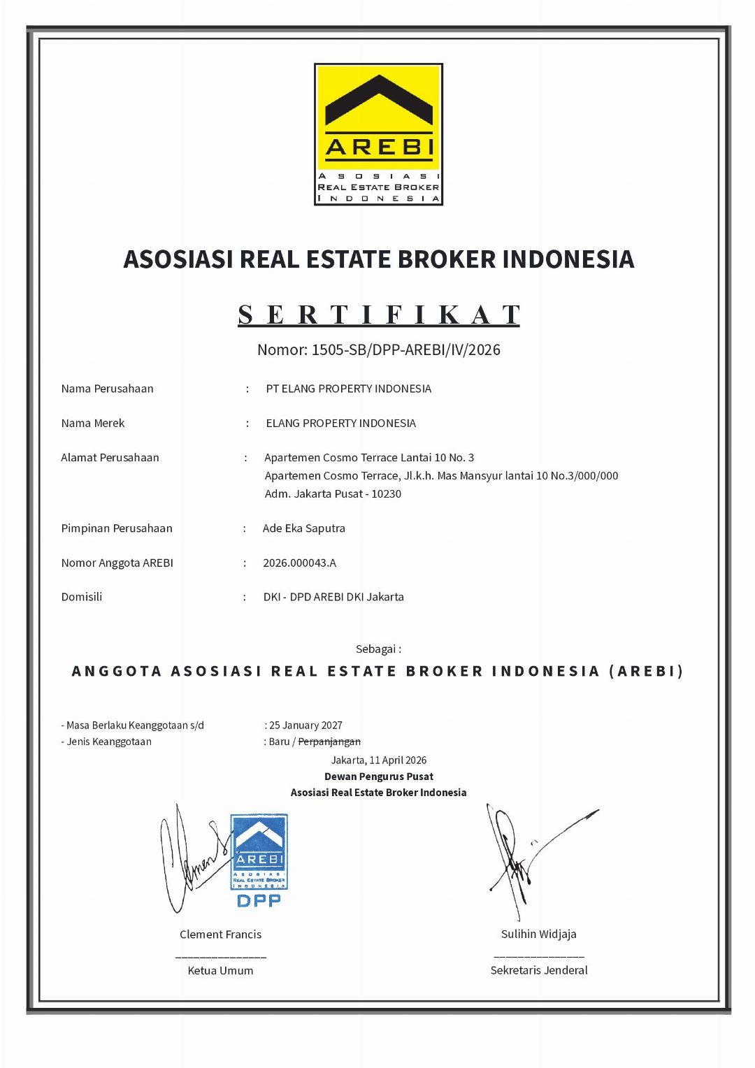 Halaman pertama Sertifikat Keanggotaan AREBI