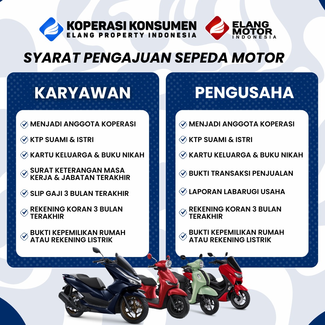 Syarat pengajuan kredit sepeda motor syariah untuk karyawan dan pengusaha — menjadi anggota koperasi, KTP suami & istri, kartu keluarga & buku nikah, bukti penghasilan, rekening koran 3 bulan terakhir, dan bukti kepemilikan rumah atau rekening listrik.